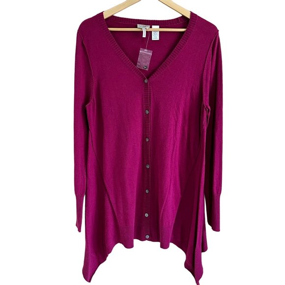 NWT LOGO by Lori Goldstein Cardigan Sweater Top Women Size M Fuscha Pink Button - Picture 1 of 8